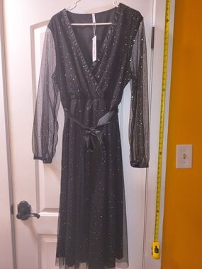 Black Sparkle Mesh Wrap Midi Dress with Sash